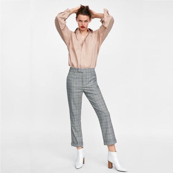 2/$30 ZARA Slim Glen Plaid Trouser 12 Black White Straight Cropped Pockets #7391 - Picture 1 of 16